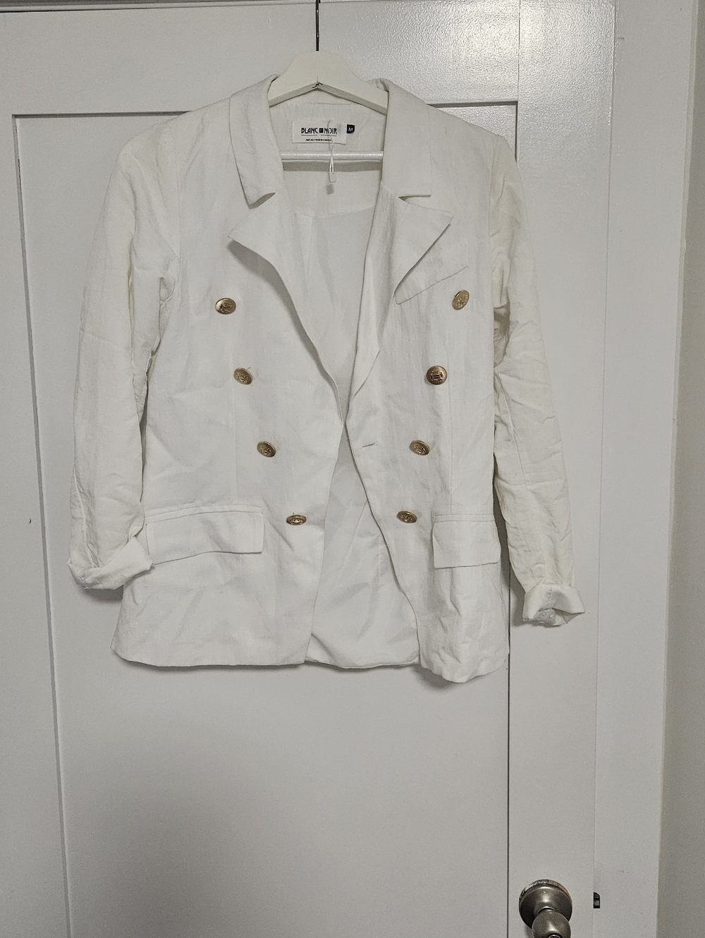 Nwot Blank Noir White Double-Breasted Linen-Blend Blazer with Gold Buttons